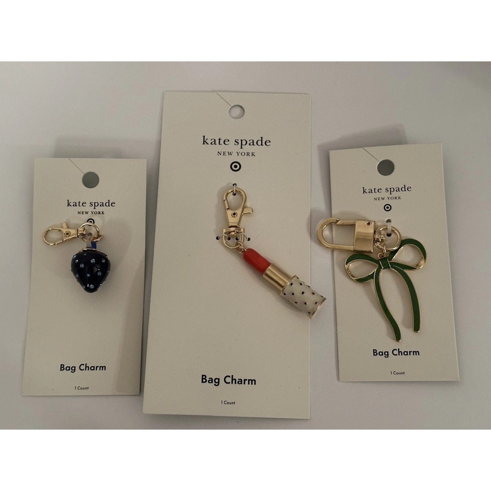 3 New KATE SPADE NYxTARGET BLUE STRAWBERRY Bow Lipstick BAG CHARM KEYCHAIN